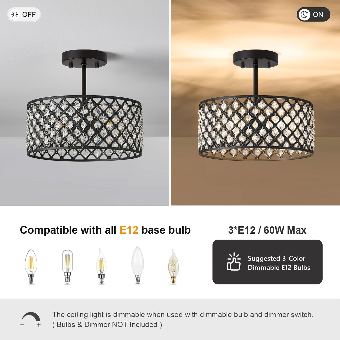 BZVESR Black Crystal Ceiling Light Fixture,Modern Semi Flush Mount Ceiling Lighting Fixture,Round Small Chandelier for Dining Room, Hallway, Entryway, Kitchen, Bedroom,Foyer,3 Light,12 inch