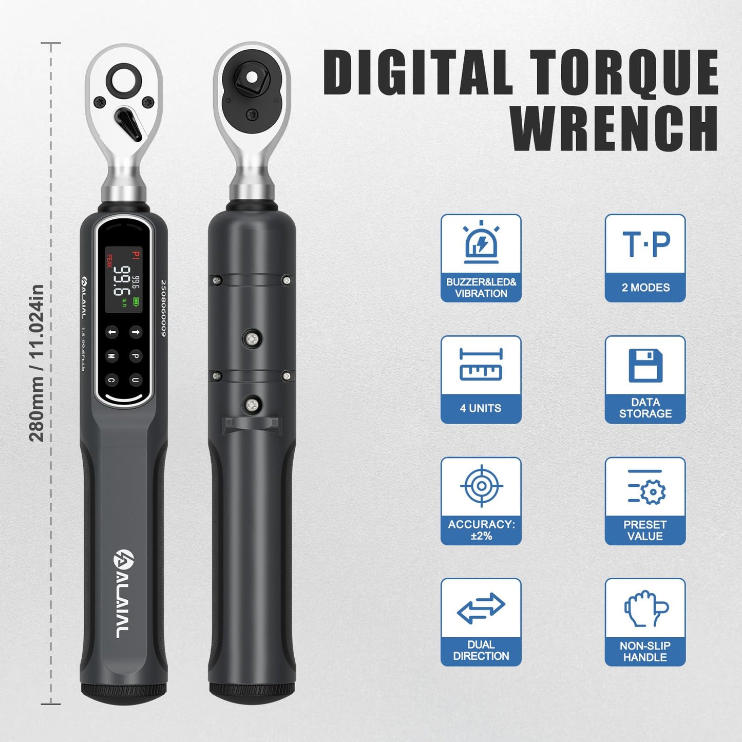 ALAIAL Digital Torque Wrench 3/8 Drive, 1.5-99.6Ft.Lb/2-135Nm Dual Direction Rachet Wrench with Vibration, Buzzer, LED Alert, Electronic Torque Wrench for Bicycle, Motorcycle, Car Tire, Mechanical