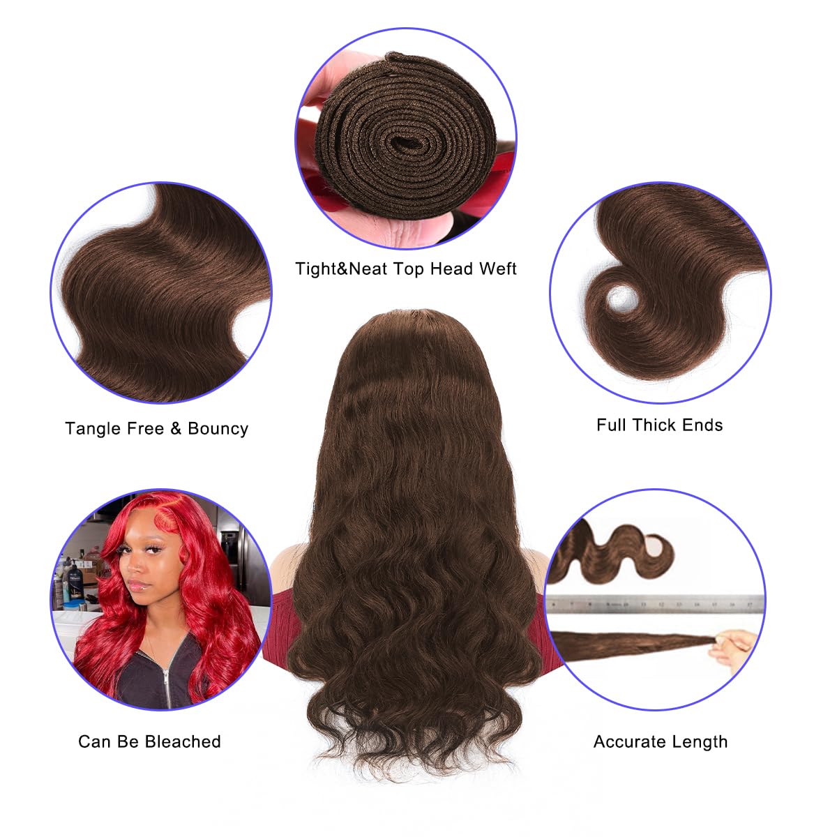 LUXEDIVA 12A Body Wave Bundles Human Hair 16 18 20 Inch Brown Human Hair Bundles 100% Unprocessed Indian Virgin Hair 3 Bundles Deal Weave Dark Brown Hair Extensions with Edges Stripes Baby Hair