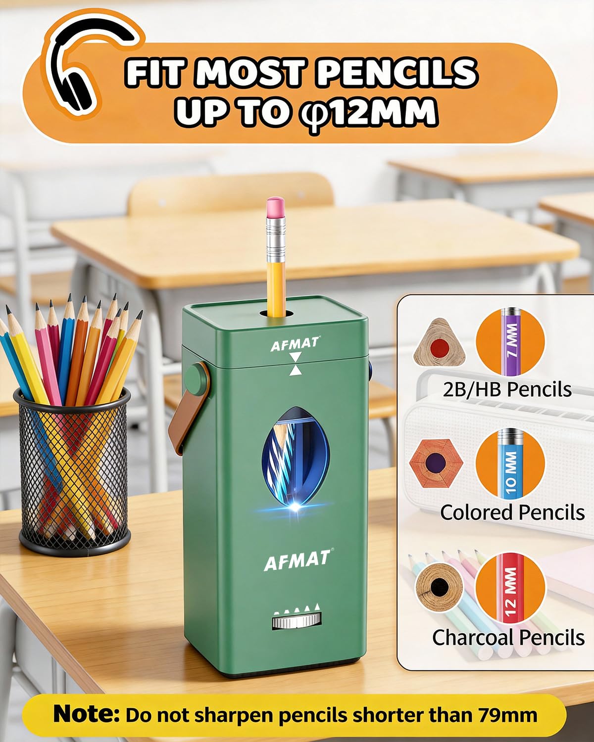 AFMAT Electric Pencil Sharpener, Rechargeable & Cordless, Fully Automatic Pencil Sharpener for Classroom, Auto in & Out, 5 Sharpness Modes, Heavy Duty Sharpeners for 6-12mm No.2/Jumbo Pencils PSC7