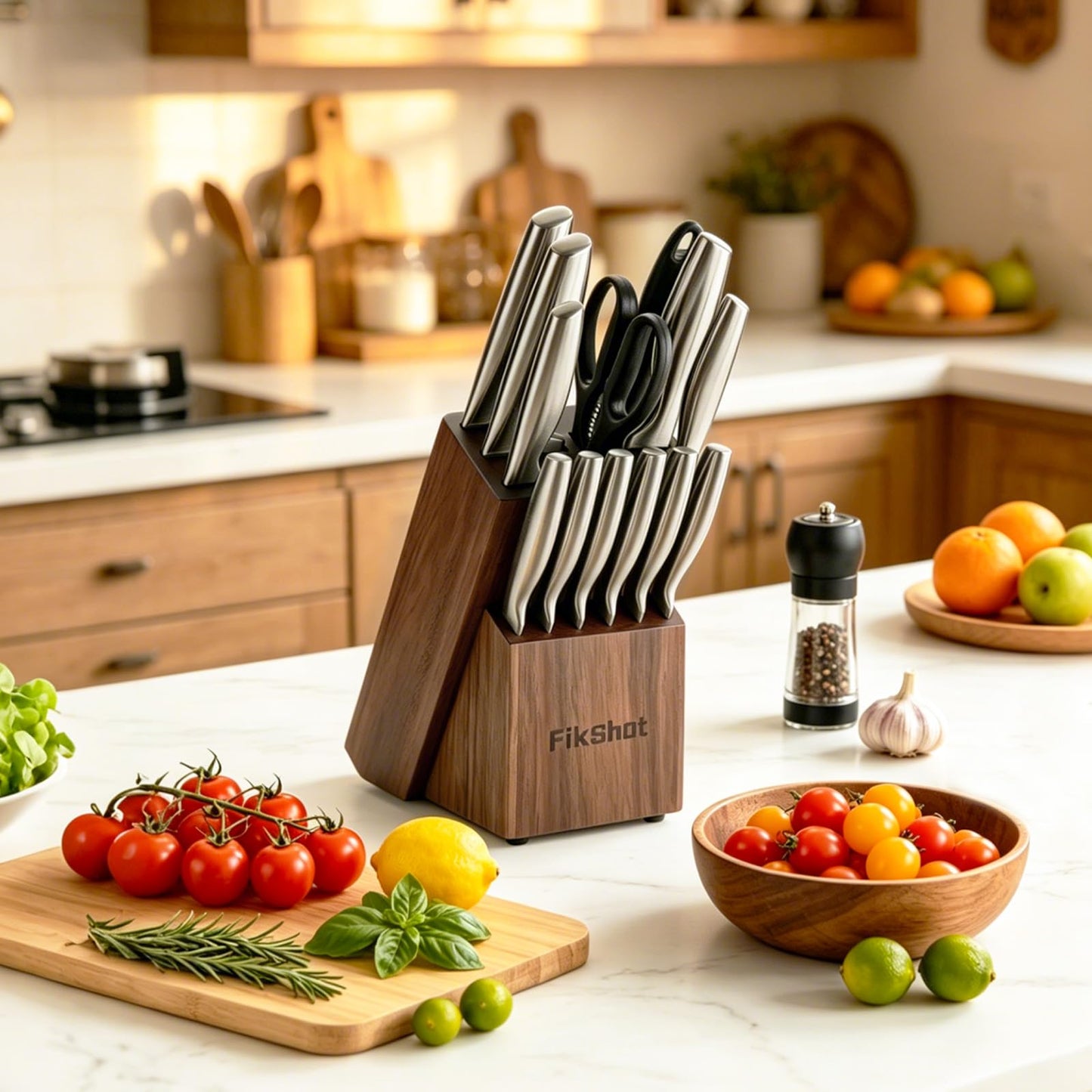 FIKSHOT 14 Pieces Knife Block Set German Stainless Steel with Block, Razor-Sharp Santoku Knives, Fruit & Kitchen Knives, Rust Resistant for Homecooks (Silver + Walnut)