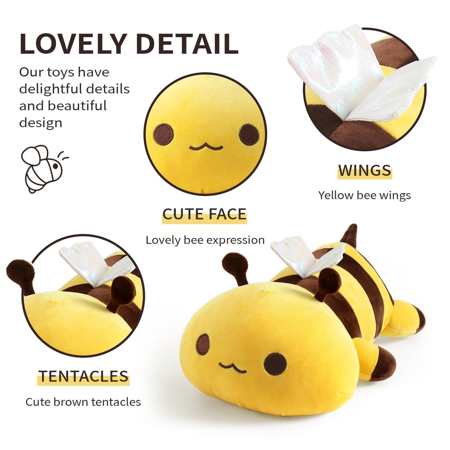 Onsoyours Cute Bee Plushies, Soft Stuffed Animal Honey Bee Plush Toy Pillow for Kids (Yellow, 19")