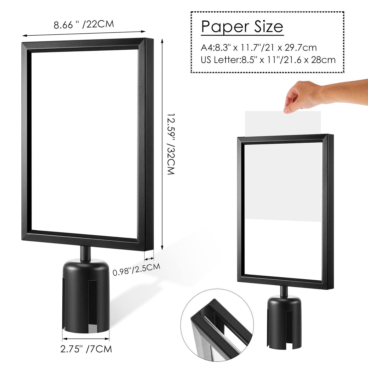4 Pieces Stanchion Sign Holder Double Sided Sign Frame with Cover Stanchion Top Sign Frames for 8.58 x 12.52 Inches Paper Size for Crowd Control Sentry Stanchions (Black, Iron)