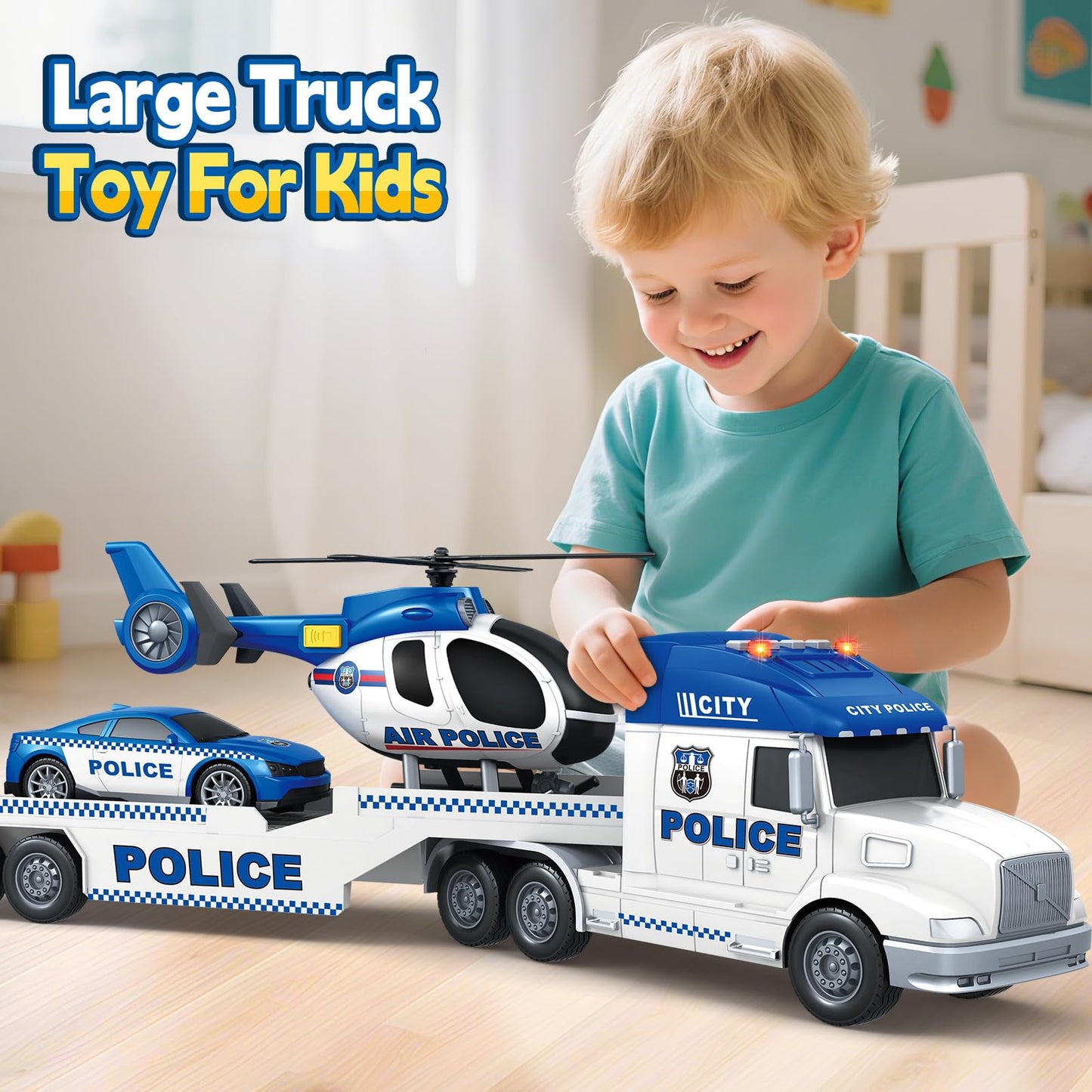 Kids Toys for 3 4 5 6 7 8 Years Old Boys, 27" Police Truck Toy with Racing Car and Helicopter, Toddler Friction Powered Truck Vehicle Toy with Lights, Sounds for Boys Girls Christmas Birthday Gifts