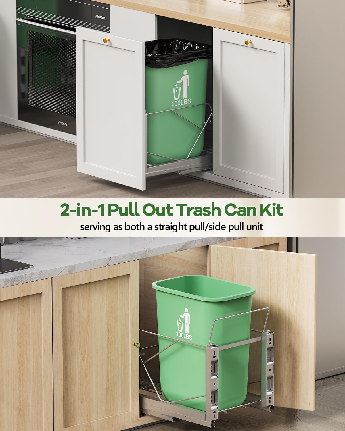 LIONONLY Pull Out Trash Can Under Cabinet, Door Mount & Pull Handle Twin-Mode, Pull-Out Garbage Holder, Under Sink Pull-up Kit with Soft-Close Slides, for Kitchen, Sink, Drawer(Bin Not Included)