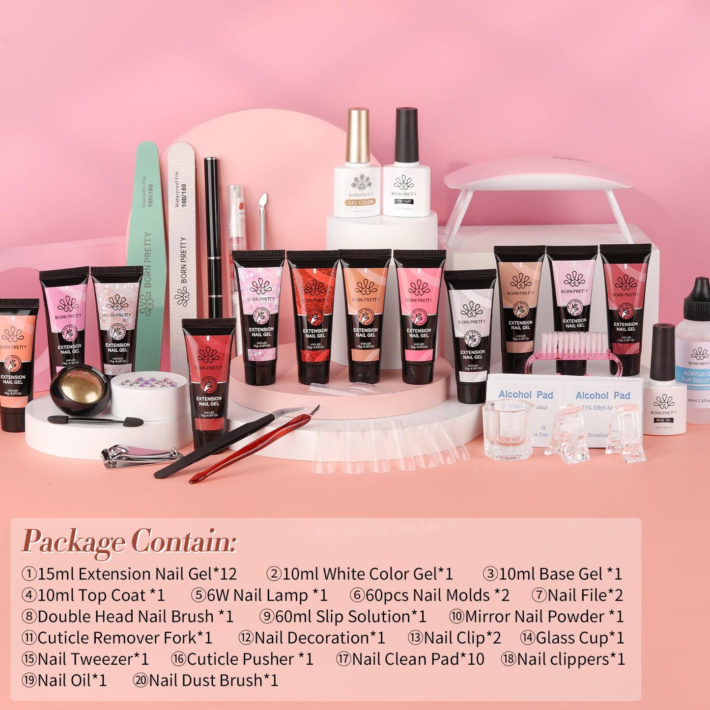 BORN PRETTY Poly Extension Gel Kit-12 Colors Extension Nail Gel Kit Nude Clear Jelly Pink All-In-1 Kit Builder Glue Gel with Nail Lamp Base Top Coat Set Nail Forms French Manicure Ideal Gifts