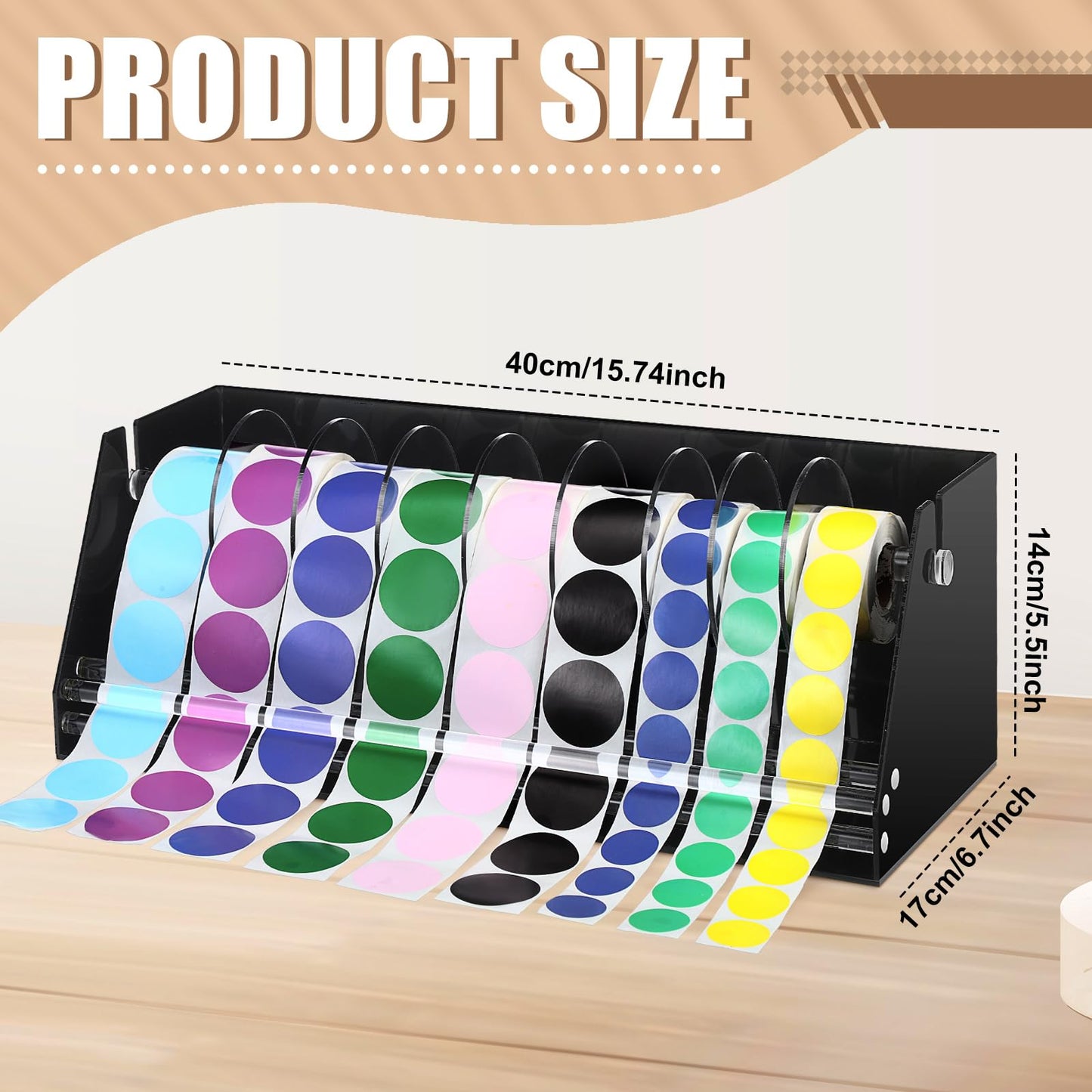Feifeiya Adjustable Label Dispenser Acrylic Sticker Roll Dispenser Label Roll Holder Multi Use Sticker Holder Organizer Stand for Home Office Restaurant Kitchens Bakeries and Cafes(9 Disks)