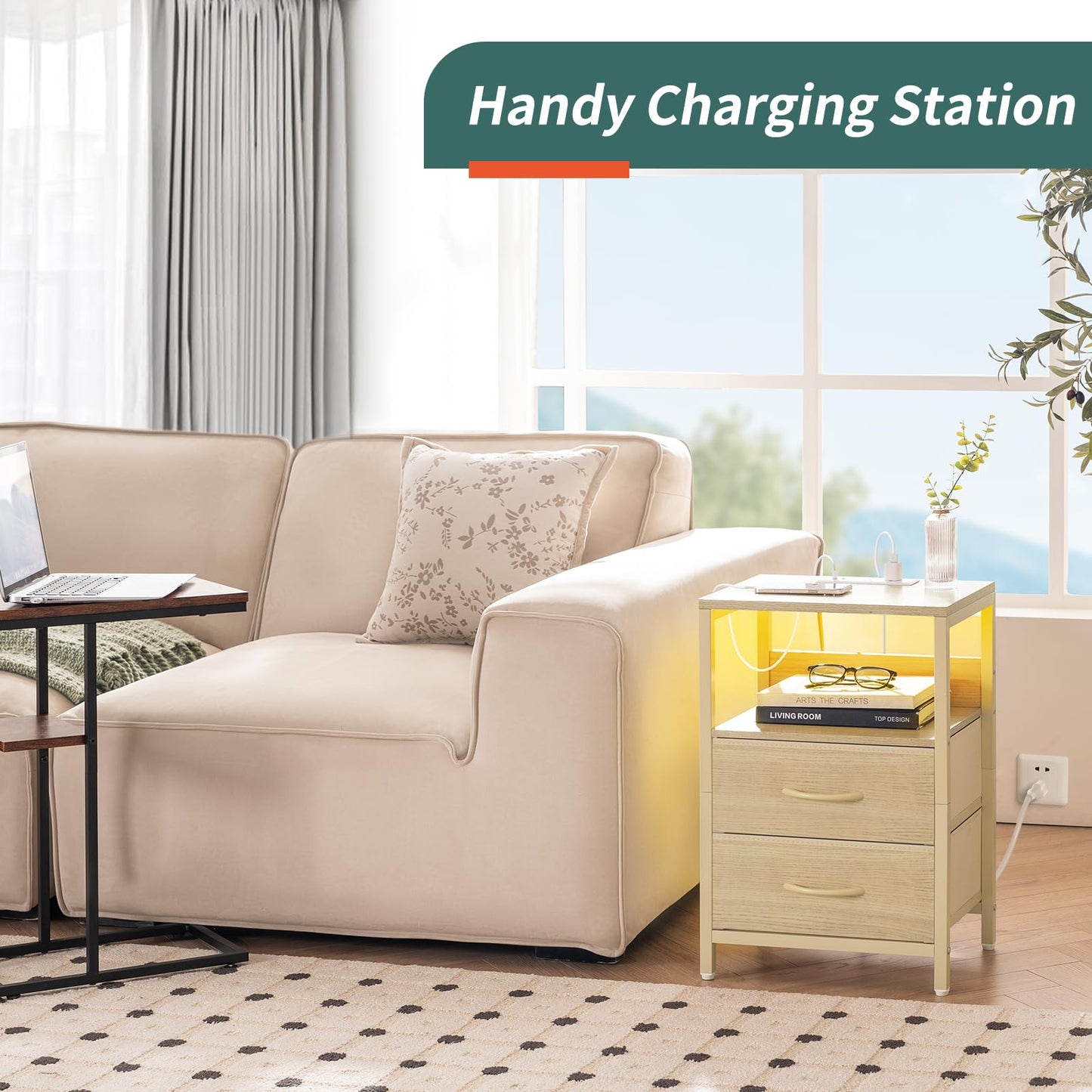 Yoobure Nightstand with Charging Station, LED Night Stand with Fabric Drawers and Storage Shelf for Bedroom, Nightstands Bedside Tables with USB Ports & Outlets, Small Night Stands, Bed Side Table
