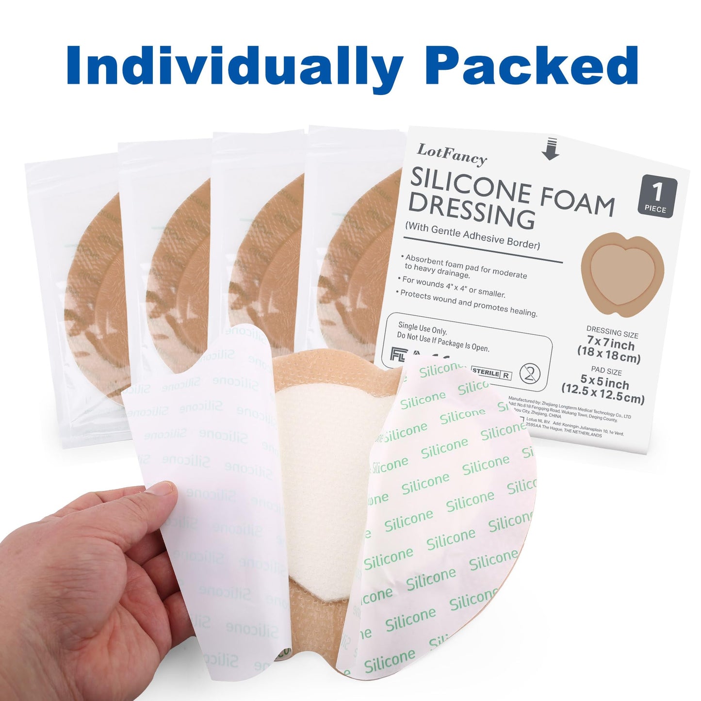 LotFancy Sacral Foam Dressing, 10 Count, 7"x 7", Silicone Foam Dressing, Wound Dressing with Border, Sacrum, Bed Sores, Pressure Ulcers Adhesive Bandage Pad, Highly Absorbent, FSA HSA Eligible