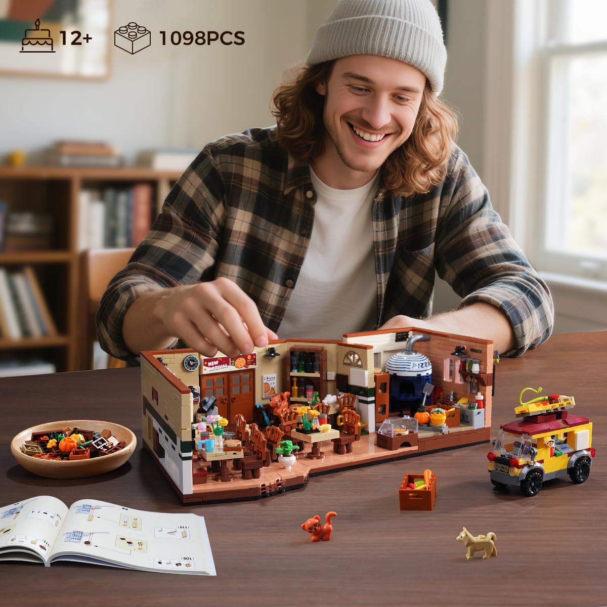 INSOON City Street Pizza Restaurant Building Set with Light, 1098PCS Pizzeria House Architecture Model with Retro Pizza Van, Home Decor Construction Building Block Gift for Adults Teens Boys Girls 12+