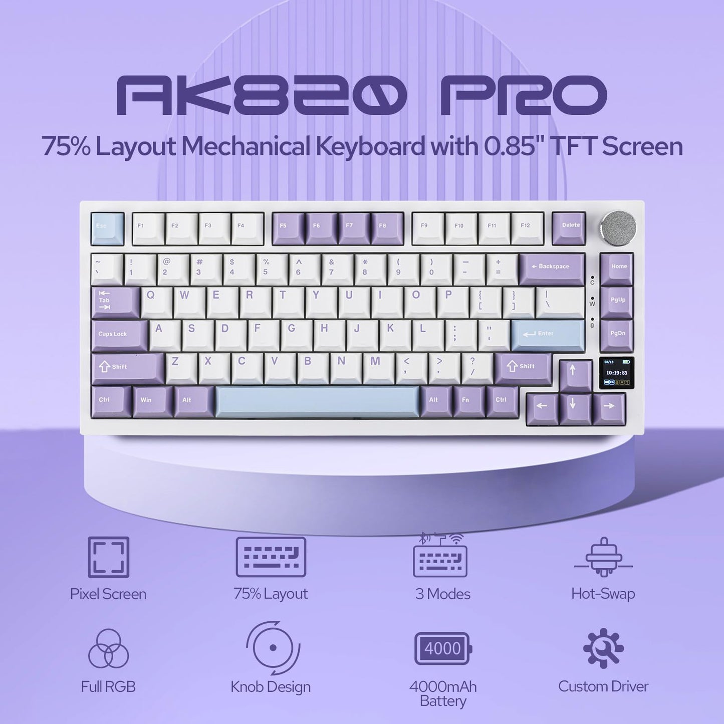 EPOMAKER Ajazz AK820 Pro 75% Mechanical Keyboard, Gasket-Mounted Gaming Keyboard with TFT Smart Display&Knob, Bluetooth 5.1/2.4G Wireless/Type-C Wired Custom Keyboard (Purple, Gift Switch)