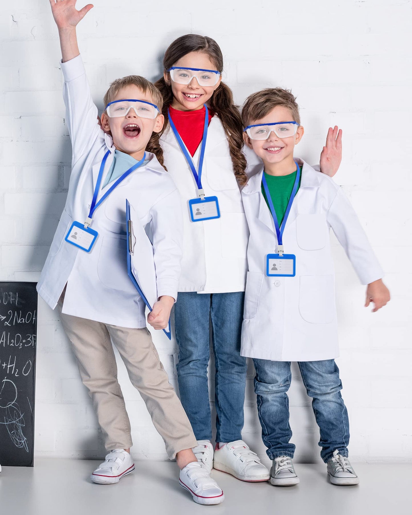 Xtinmee 12 Sets 36 Pcs Kids Lab Coat Set Halloween Doctor Costume with Goggles ID Card Kit Science Dentist Doctor Dress Up (Large)