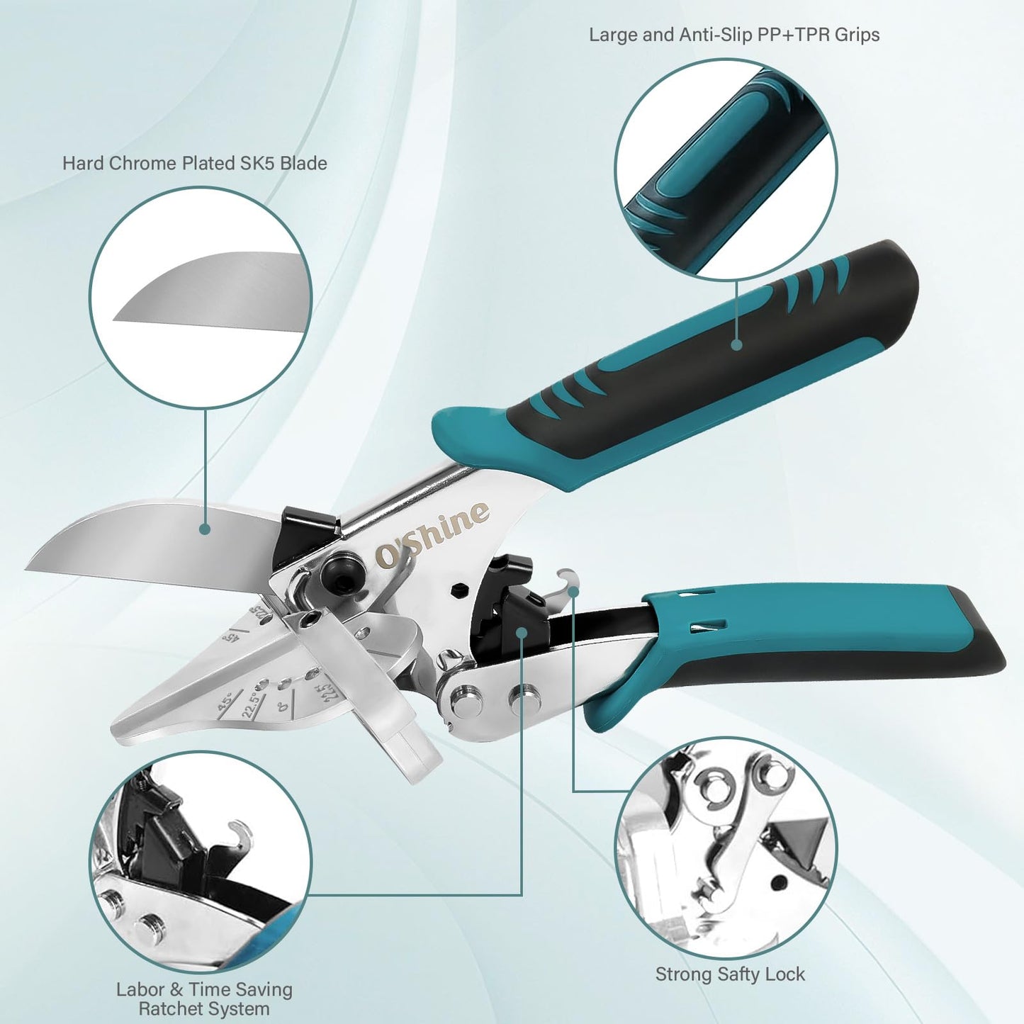 O’Shine 22.5 Degree Ratchet Miter Shears For Angular Cutting Molding Wood Crafting, Quarter Round Cutting Tool Shoe Molding Cutters, Multi Angle Miter Shear Trim Cutter Hand Tool, w/ 1pc Extra Blade