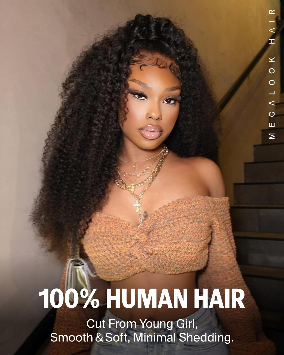 Megalook hair Headband Wig Human Hair Kinky Curly Glueless Wigs Human Hair Machine Made No Lace Headband Wigs,Natural Black Kinky Curly Wig Drawstring Ponytail for Black Women 16 Inch