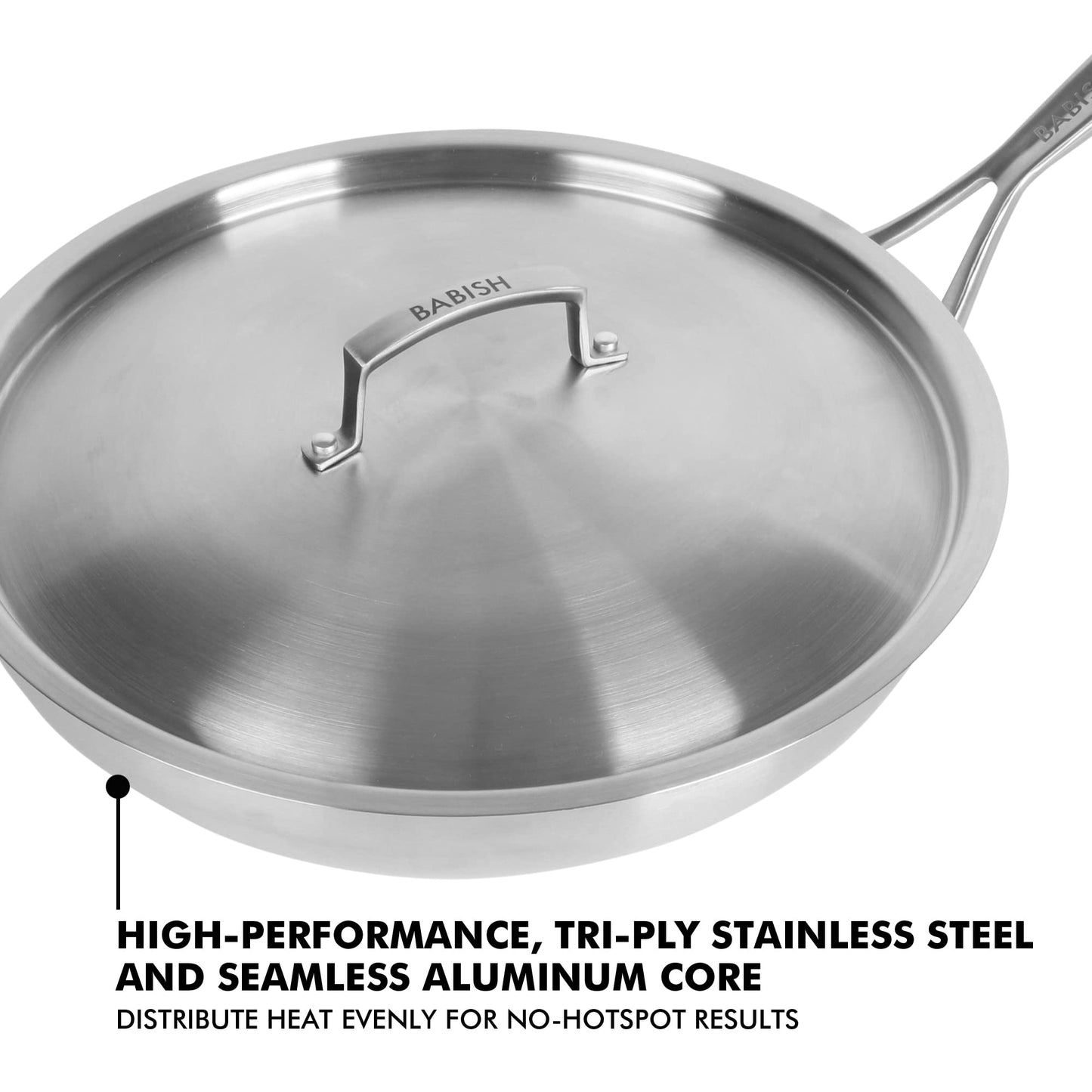 Babish 12-Inch Tri-Ply Stainless Steel Frying Pan with Lid – Professional Grade Skillet for Searing, Sautéing & Even Heat Cooking