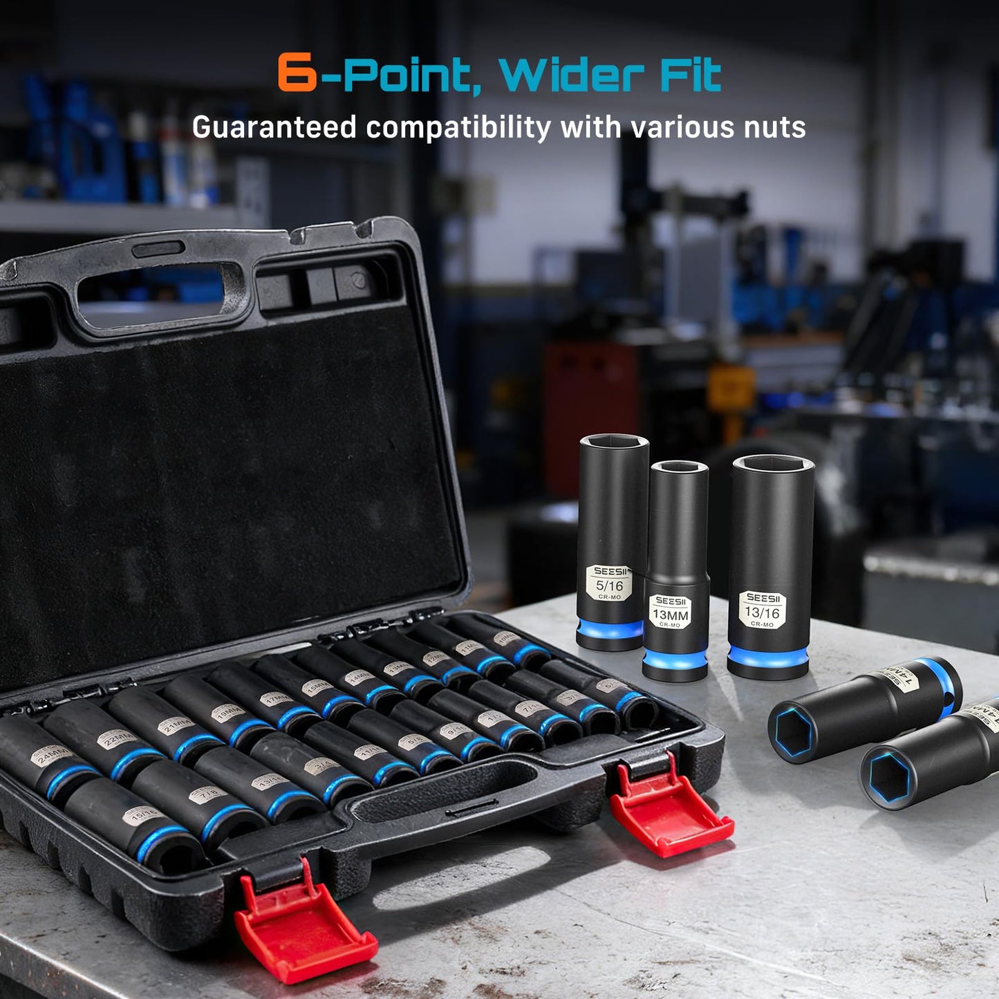 1/2" Drive Deep Impact Socket Set, SAE & Metric Sockets (5/16"-15/16" & 10-24mm), Professional CR-MO Steel, 6-Point for Impact Wrench, Automotive & Truck Repair Tool Kit