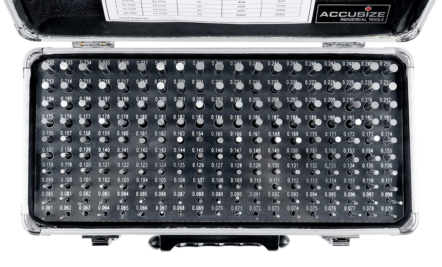 Accusize Industrial Tools - 190 Pc Precision Minus Class ZZ Pin Gauge Set, 0.061" to 0.250", 2" Length, Heat Treated, 60-62 RC, with Aluminum Case, M1(-) A