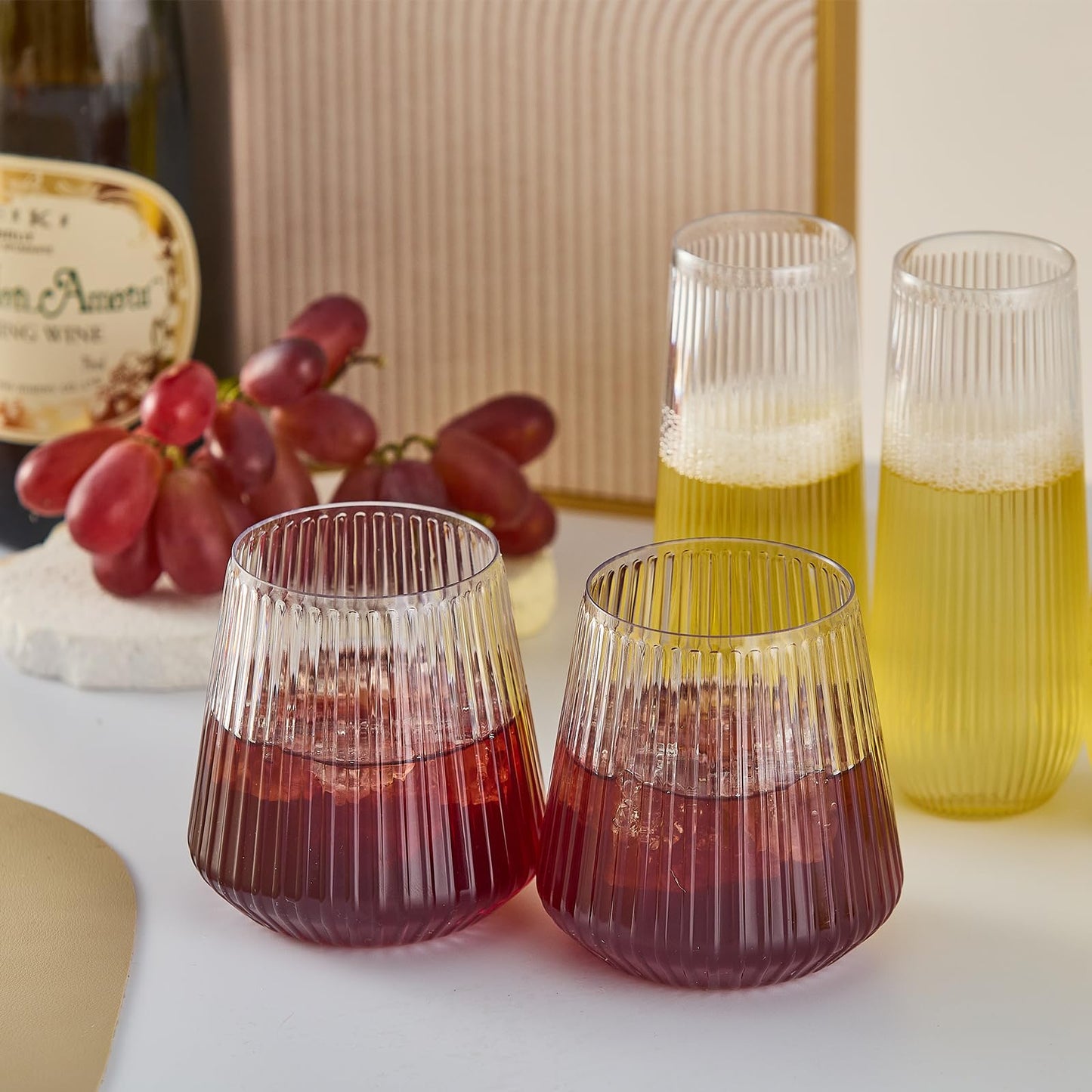 56 Pack Ribbed Origami Ripple Plastic Glasses, 32 Pcs 9 OZ Stemless Champagne Flutes & 24 Pcs 14 OZ Plastic Wine Glasses, BPA-Free Disposable Shatterproof Toasting Glasses for Weddings Parties