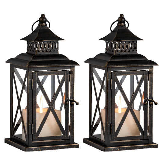 DECORKEY Lantern Decorative Indoor & Outdoor, 2 Pack Large Hanging Candle Lanterns Home Decor, Vintage Metal Candle Holders for Front Porch Patio Wedding Party, Halloween Christmas Decorations (Black)