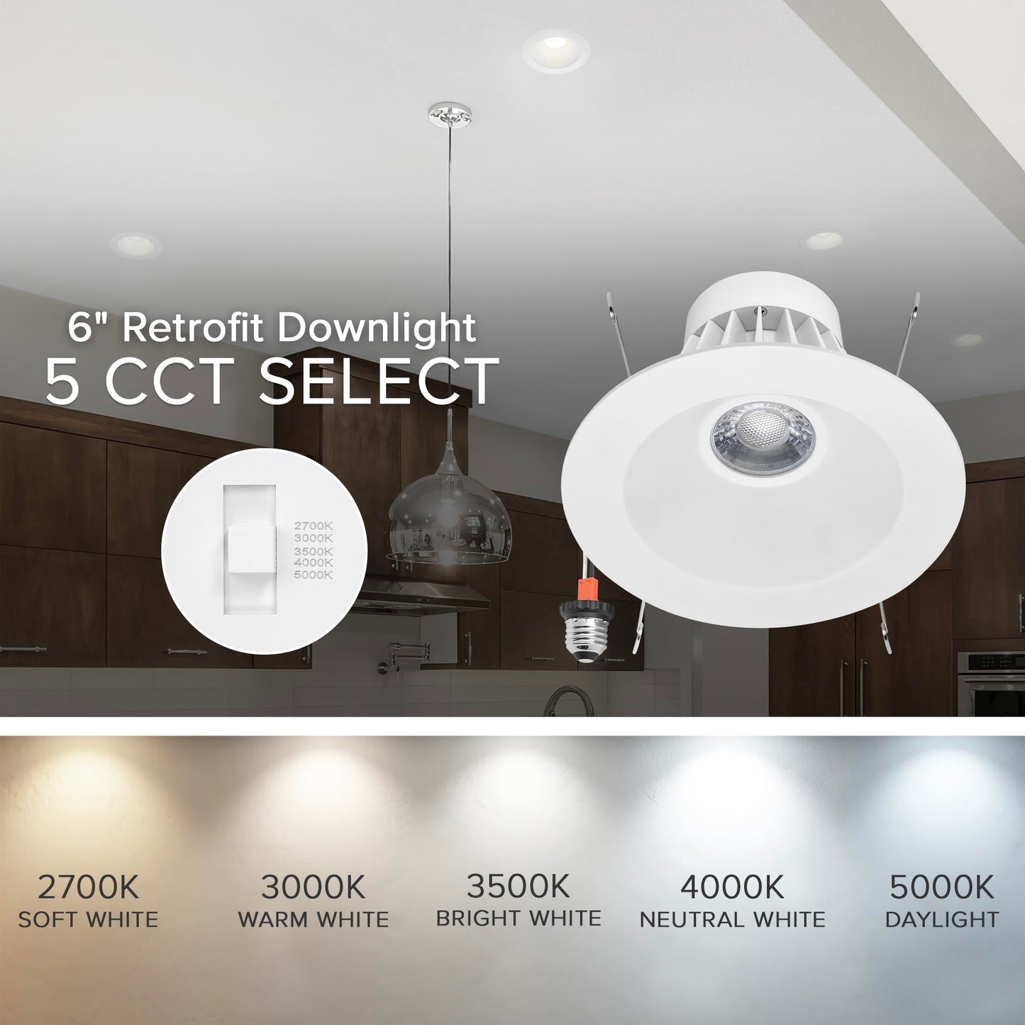 Maxxima 5 in. & 6 in. Retrofit Recessed Anti-Glare LED Downlight, 1300 Lumens, 5 Color Temperature Selectable 2700K/3000K/3500K/4000K/5000K, Dimmable, E-26 Quick Connect Adapter, 90 CRI, White Trim