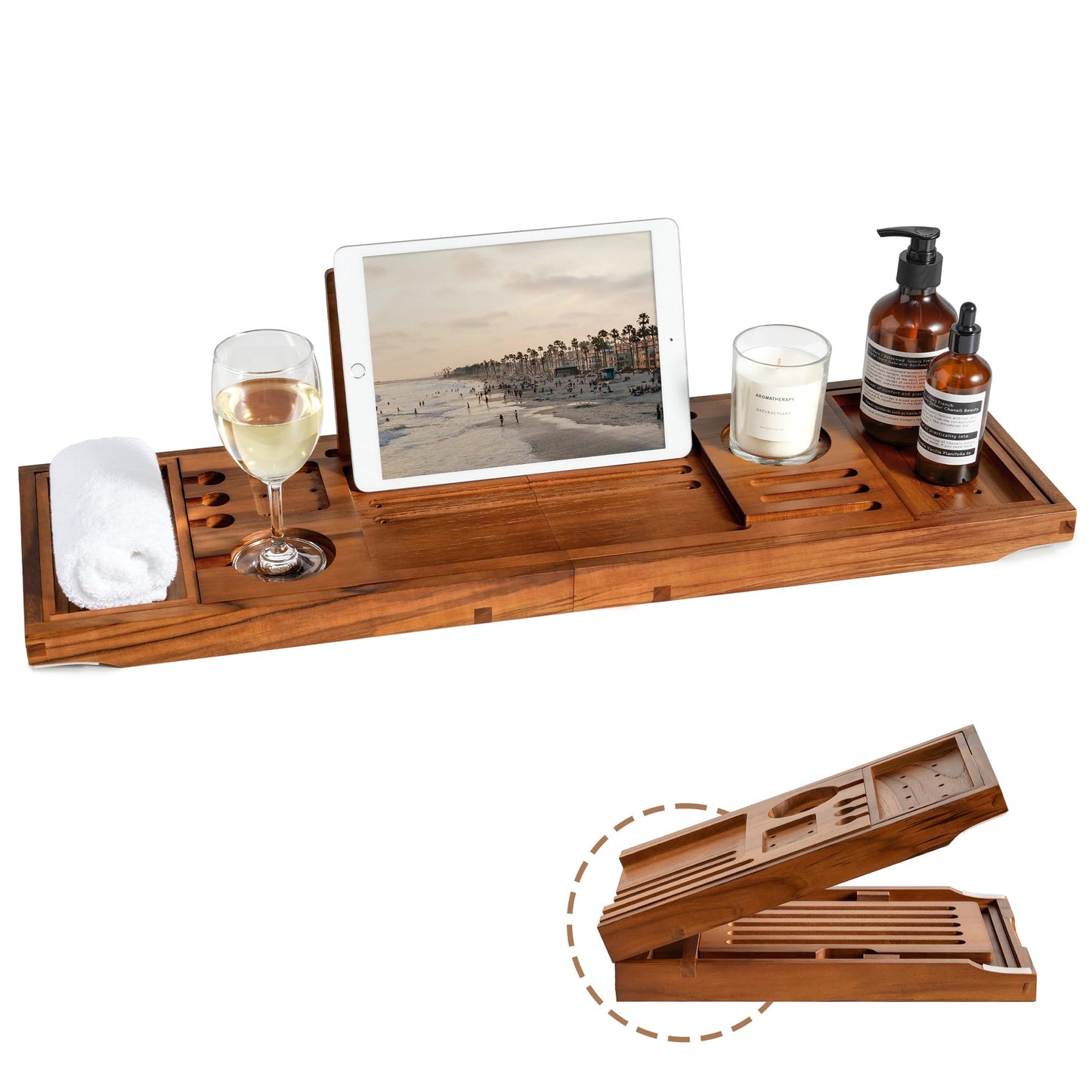 Realgulf Teak Bathtub Tray | Adjustable Width Tray with Wine Holder, Tablet/Phone & Book Stand, Splash-Proof for Bath Time- Natural