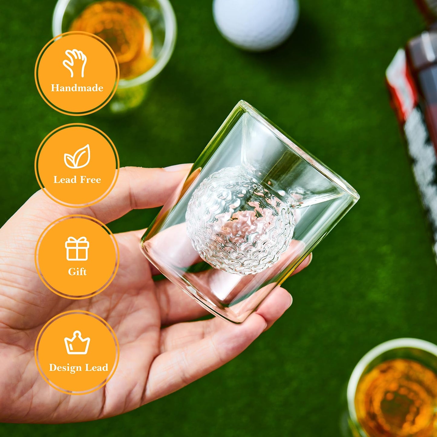 CRAFTGEN Golf Ball Shot Glasses Set of 4, Funny Handmade Birthday Gifts for Men and Women - 2oz Double Walled with 3D Shape Golf Ball Inside, Tequila, Whiskey, Cocktail Presents for Golfer