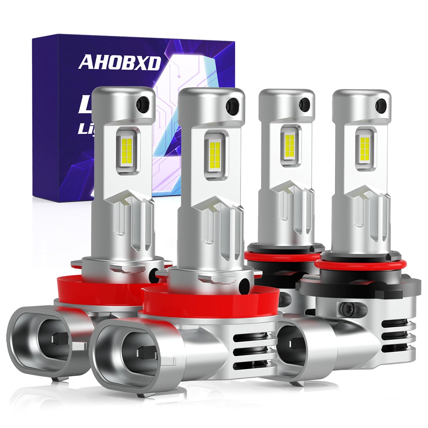 AHOBXD 9005 H11 𝐋𝐄𝐃 Bulbs Combo,Upgraded 900% 90000LM Brightest 1:1 Halogen Size H11 9005 Bulbs with Cooling Fan 80000hours Lifespans Super Bright H11 9005 Fog Light Bulbs(Pack of 4)