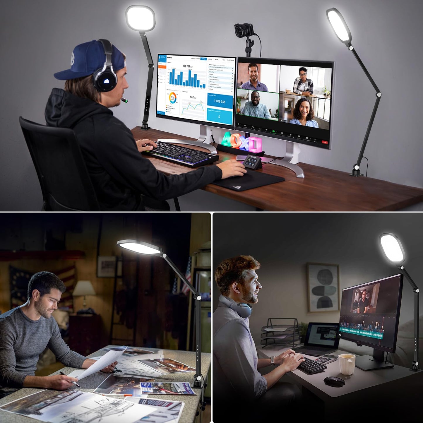 LitONES Video Conference Light for Computer, Dimmable Zoom Lighting for Home Office, Video Calls, Meeting, Laptop & Webcam, 15W Swing Arm Desk Lamp with C- Clamp, Remote, Memory & Timer CRI >95