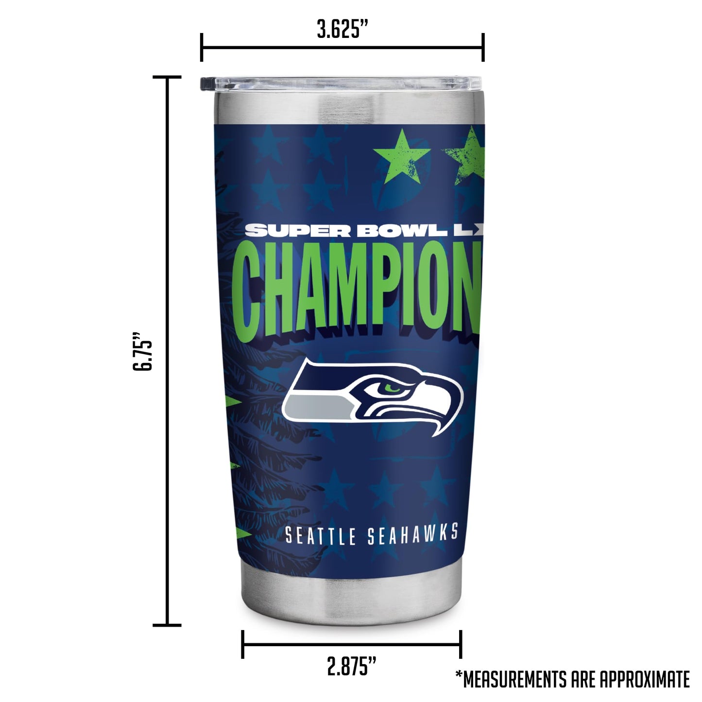 Rico Industries NFL Football Seattle Seahawks 2026 Super Bowl LX Champions 20oz Stainless Steel Tumbler with Lid - Great For Coffee, Tea, Water or Cocktails