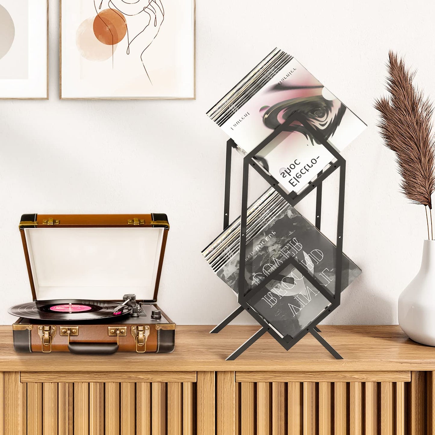RUILALIFE 2-Tier-Vinyl-Record-Storage-Holder With Dividers, 200 LPs Albums Storage Rack Shelf, Steel Music Records Display Shelf Organizer For Book, Magazine, Files,Matte Black