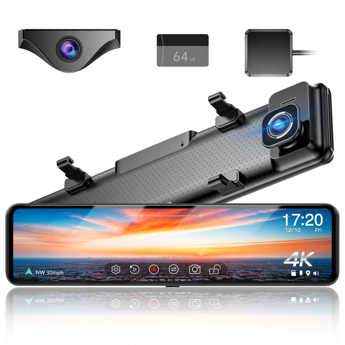 12" 4K UHD Mirror Dash Cam Front and Rear with Zoom Backup Camera, 2160P Dual Rear View Mirror Camera for Cars & Trucks, 64GB Card Included, GPS, WDR, Super Night Vision, Parking Assist & G-Sensor