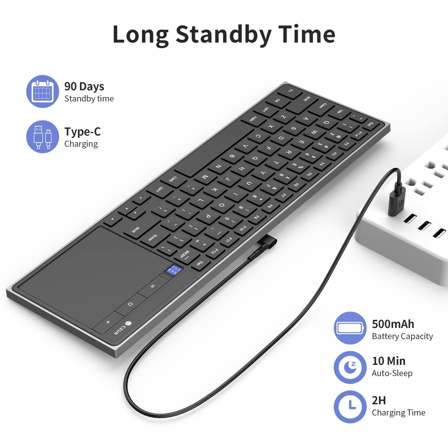 CZUR Rechargeable Bluetooth Keyboard with Touchpad, Portable Computer Keyboard with Trackpad, Wireless Ultra Slim Keyboard for PC/Laptop/Tablet/Phone/Smart TV