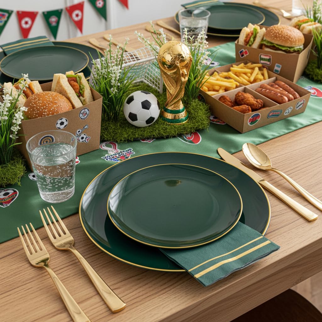 NOCCUR 350PCS Green Plastic Plates - Disposable Green Gold Dinnerware Set for 50 Guests, 100 Dinner/Dessert Plates, 150 Gold Silverware, 50 Cups&50 Napkins for Party ＆ Wedding ＆ World Cup 2026