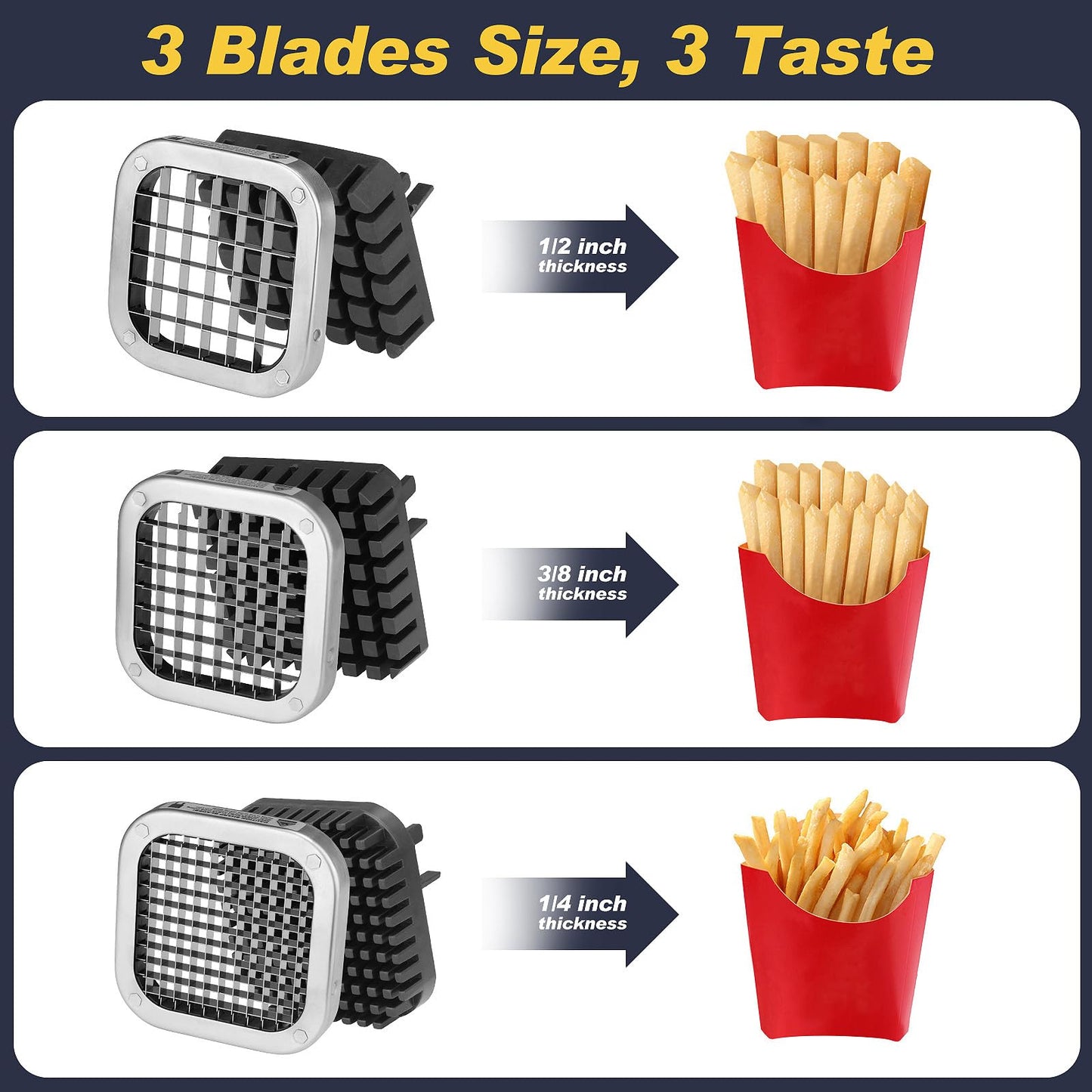 French Fry Cutter, Ruooson Professional Potato Cutter Slicer with 1/2 In & 3/8 In & 1/4 In Stainless Steel Blades, Great for Whole Potatoes Carrots Cucumbers.
