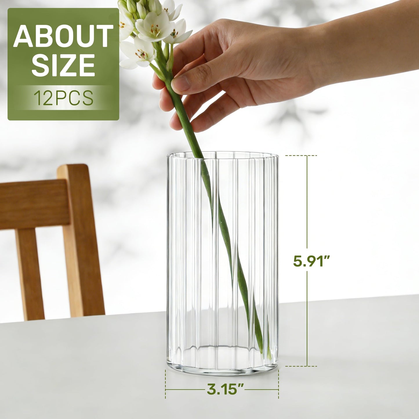12pcs Stripe Glass Cylinder Vases for Centerpieces, 6 Inch Tall Flower Vase for Wedding Decorations, Hurricane Vases Floating Candle Holder for Table Centerpiece Wedding Home Décor
