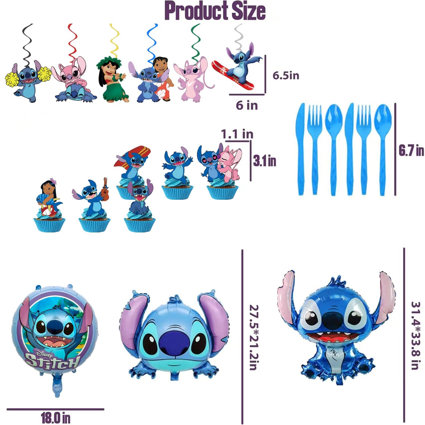 Higyther For Stitch Birthday Party Supplies Set, 123 Pieces, Party Decoration Kit with Banner, Balloons, Plates, Backdrop, Hanging Swirls，Cupcake Topper，Blue