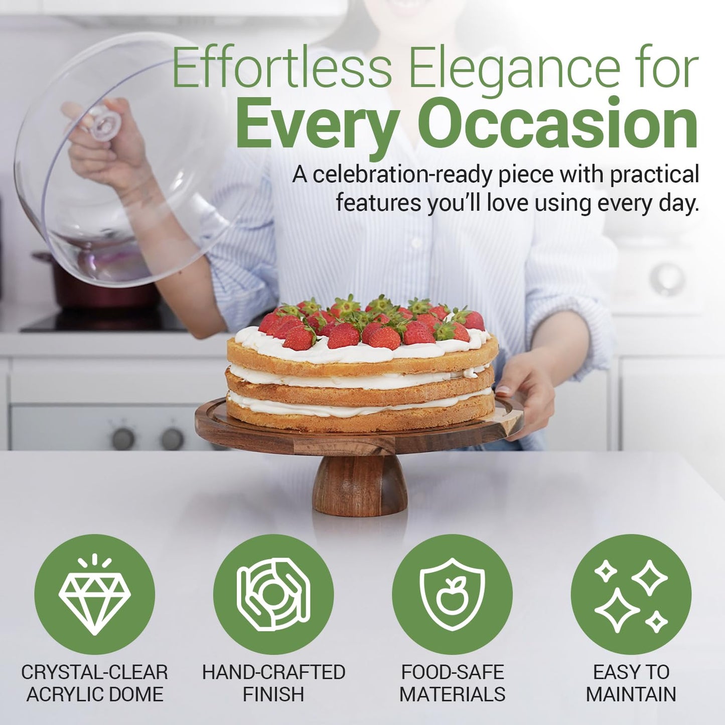Linda’s Essentials Acacia Wood Cake Stand with Lid (Acrylic) 12 Inch Round Cake Holder Stand with 5 Bonus Cake Sheets, 2-in-1 Wooden Cake Stand with Dome & Charcuterie Board for Cheese, Cake Plate