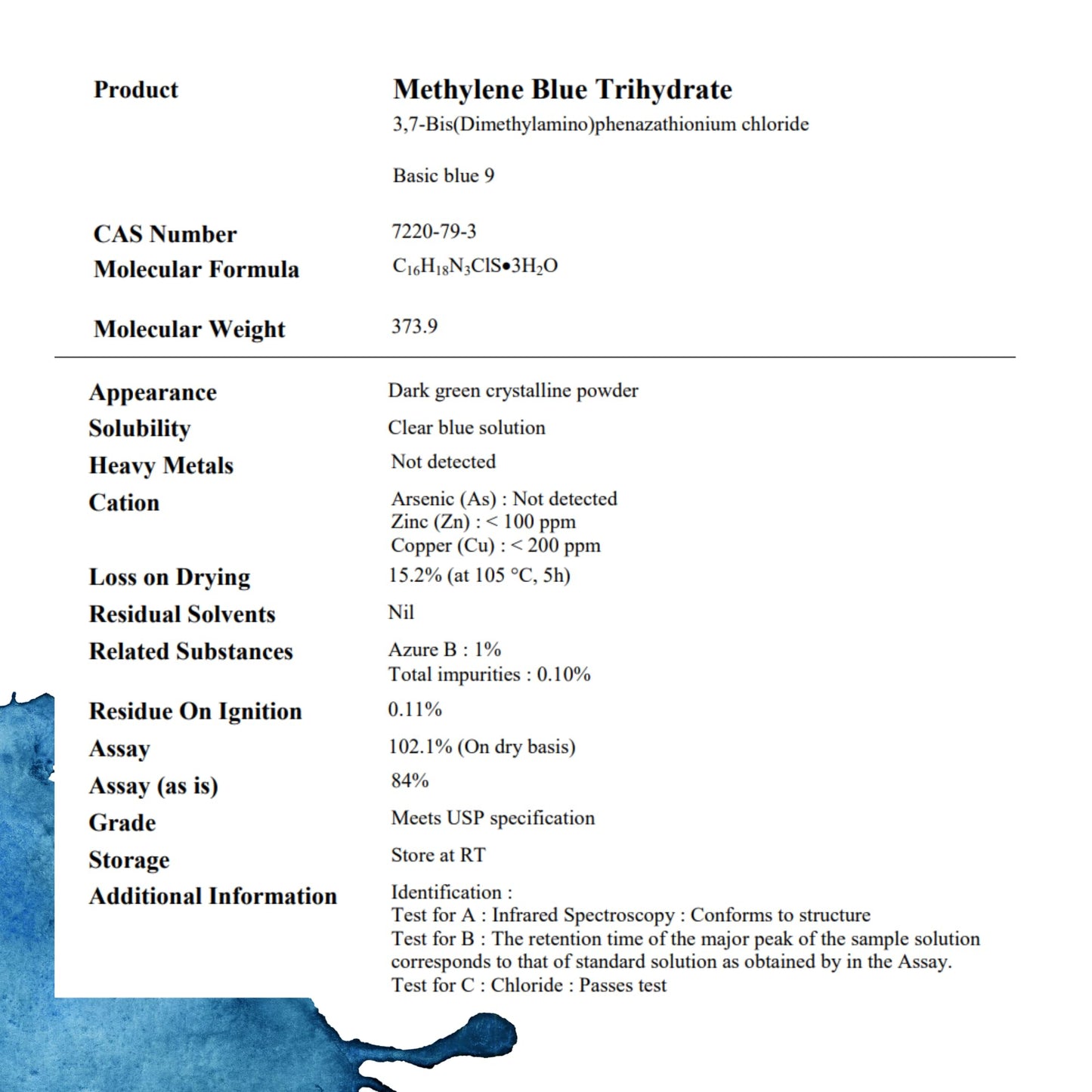 2% Methylene Blue Trihydrate USP 2200 mg, 3.75 oz USA Produced Pharmaceutical Grade Glass Bottle and Glass Dropper.