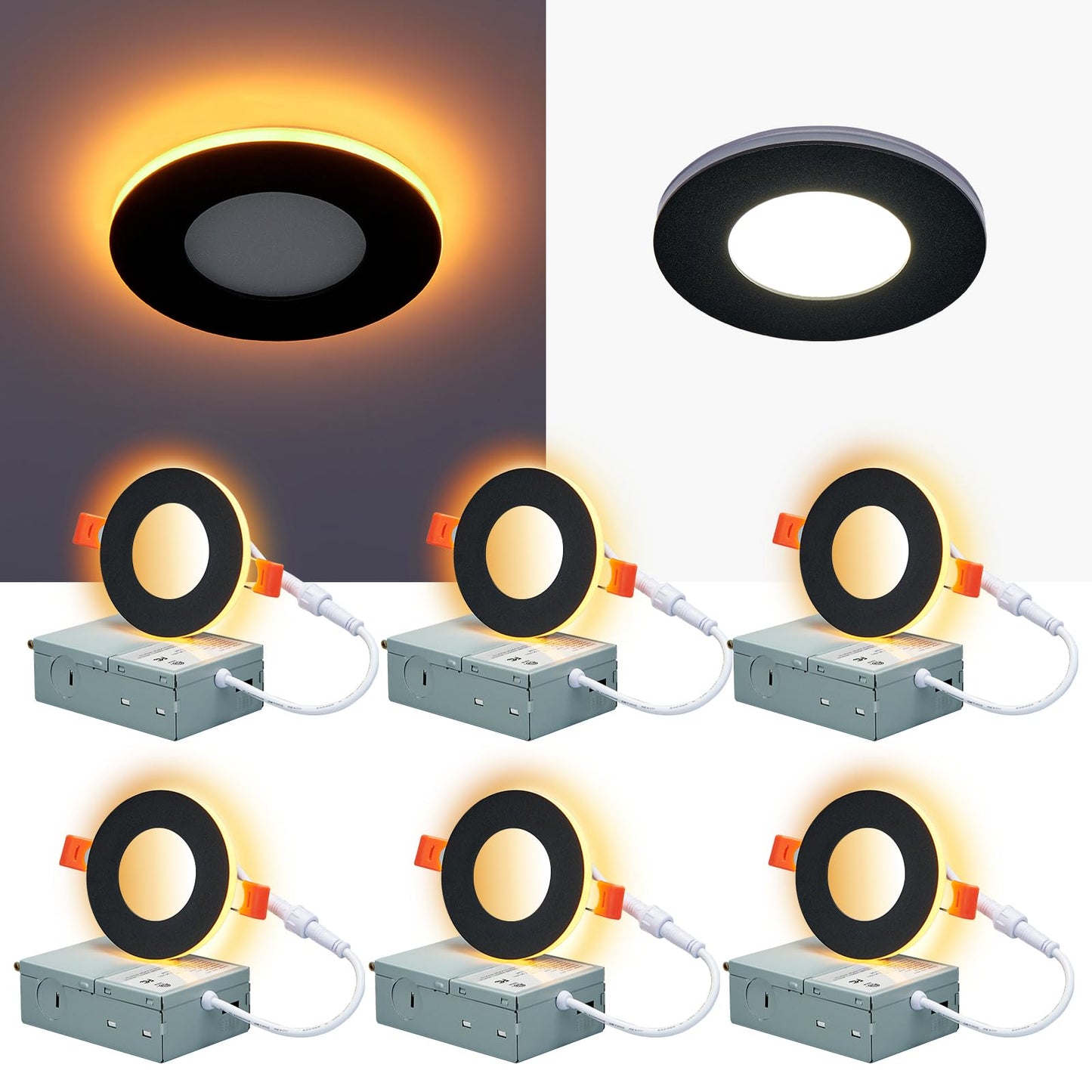 CycevSun 3 Inch Black LED Recessed Lights with Night Light, Dimmable & 5CCT Selectable Canless Downlight Wafer Outdoor Soffit, 6W, ETL, IC Rated, 6 Pack