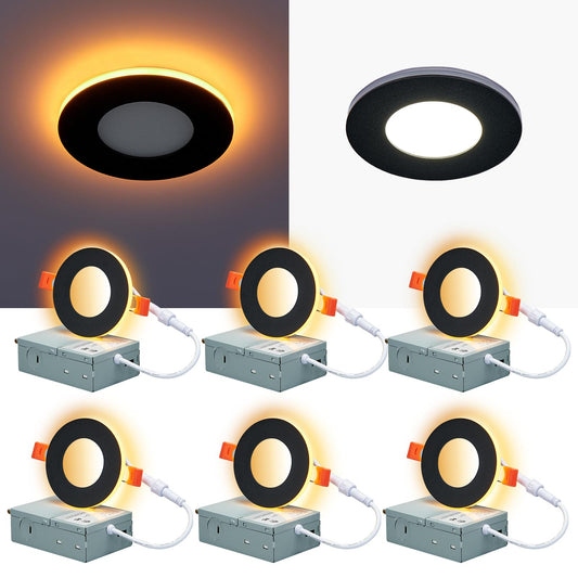 CycevSun 3 Inch Black LED Recessed Lights with Night Light, Dimmable & 5CCT Selectable Canless Downlight Wafer Outdoor Soffit, 6W, ETL, IC Rated, 6 Pack