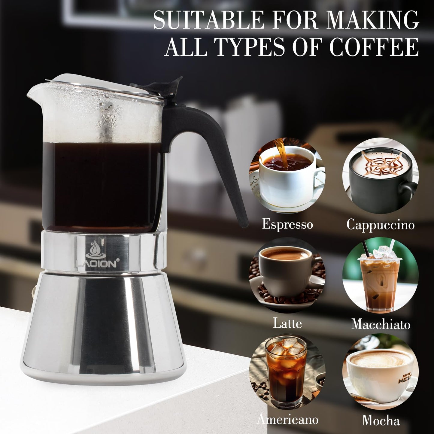 LAOION Stovetop Espresso Maker, 9Cup 360ml Moka Pot, Crystal Glass-top & Stainless Steel Coffee Maker Mocha Pot, Greca De Cafe, Cuban and Italian Coffee Maker for Cafetera Cubana
