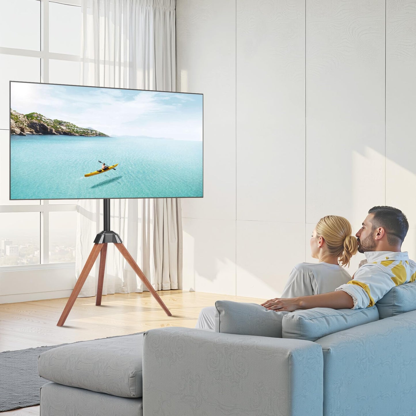 VEVOR Tripod Easel TV Stand, for 40-65 inch Flat Screen/Curved TVs Up to 99 lbs, 18° Left-Right Rotation Portable TV Stand with Oak Wood Legs, for Bedroom, Living Room, Studio, MAX VESA 600 x 400 mm