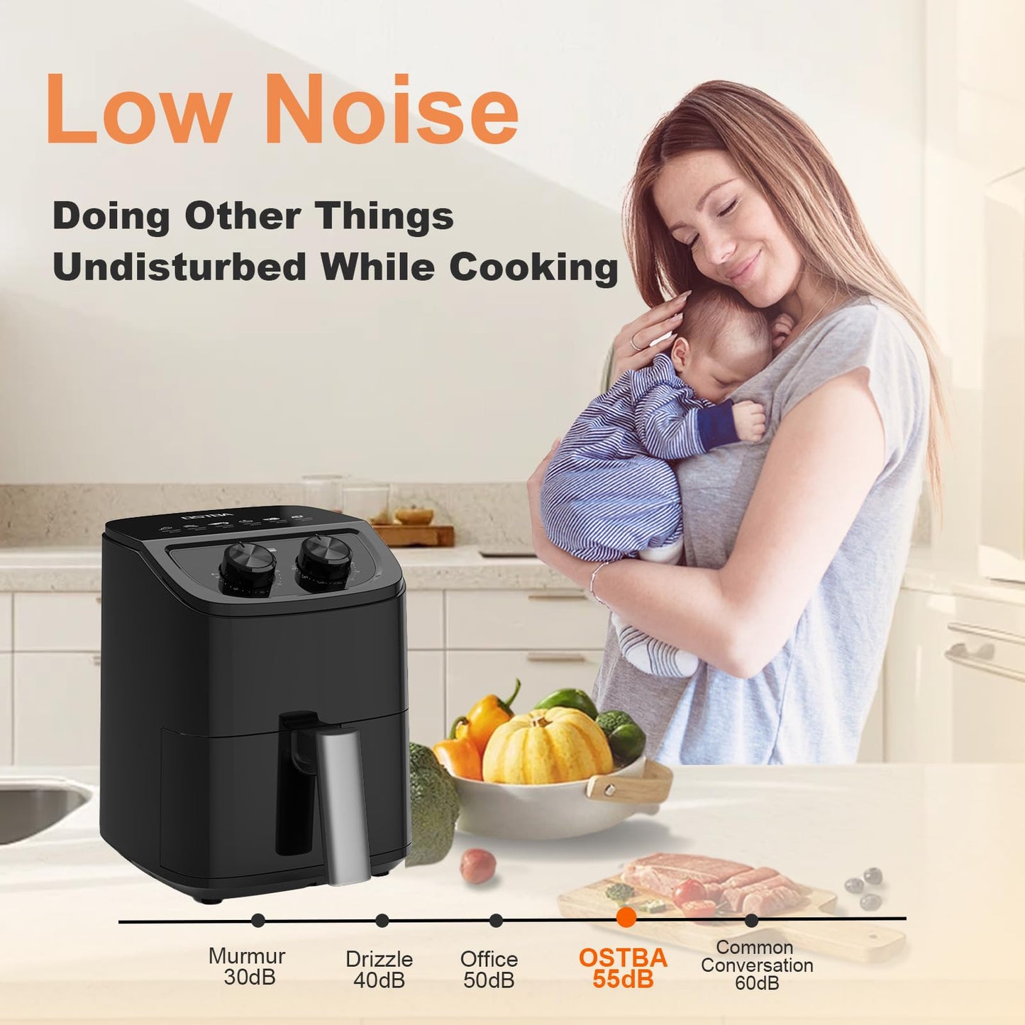 OSTBA 2.5QT Small Air Fryer for 1–2 People, Compact Mini Air Fryer with Dual Knob Temperature & Timer Controls, 6 Cooking Guides, Space-Saving Design, Nonstick Dishwasher-Safe Basket