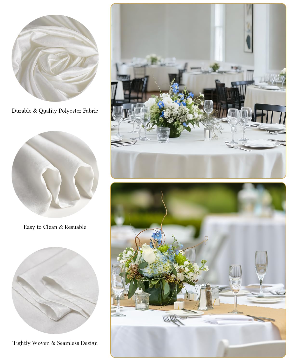 BESTVIP 6 Pack 120" White Round Fabric Tablecloths | Fits 48"-78" Tables | Polyester Washable Decorative Table Cloth Cover for Wedding, Reception, Banquet, Birthday, Parties, Buffets, Restaurant