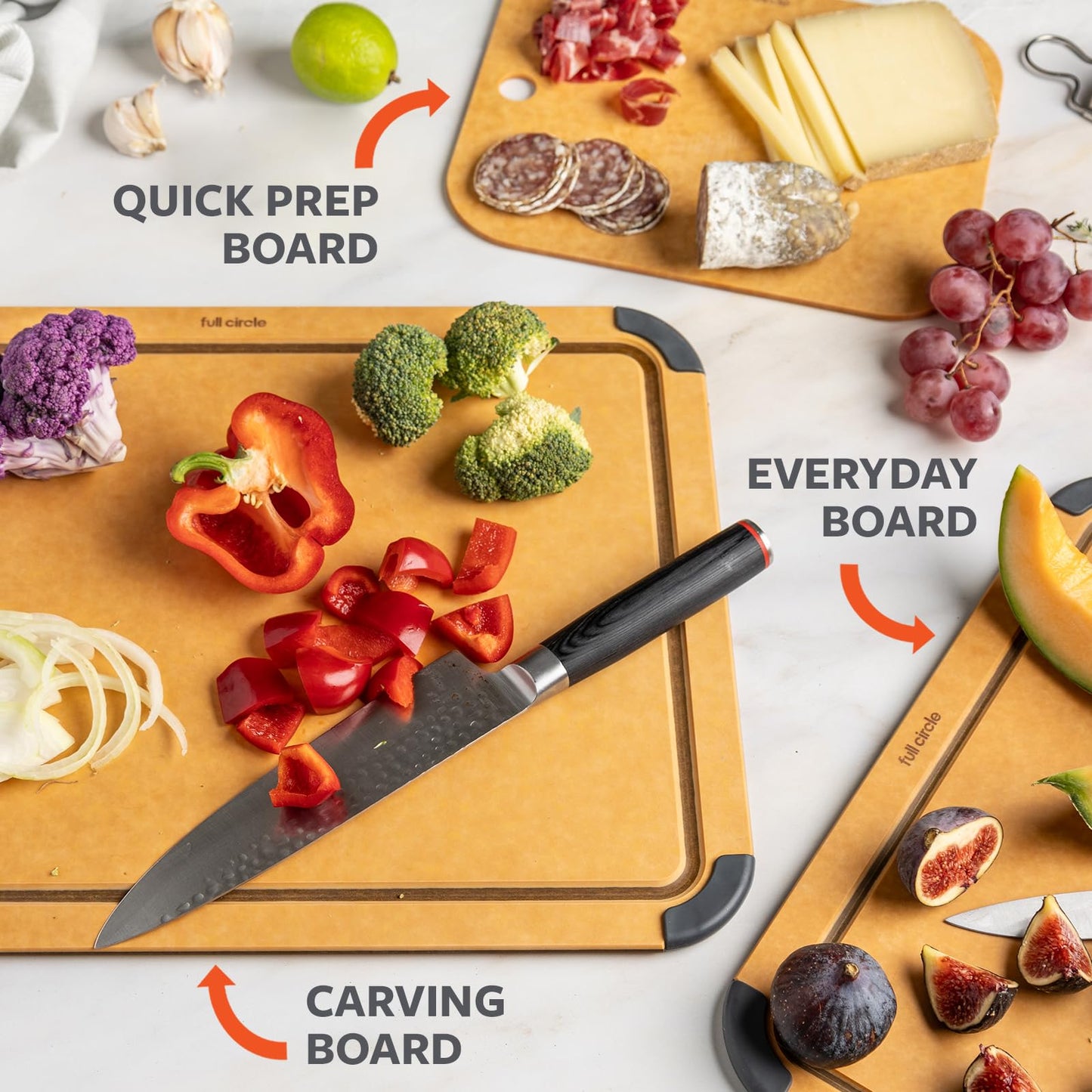 Full Circle Chop Shop Cutting Board Set with Holder – 3 Kitchen Cutting Boards with Countertop Holder & Drying Rack – Dishwasher Safe, Lightweight, Naturally Bonded Kraft Paper