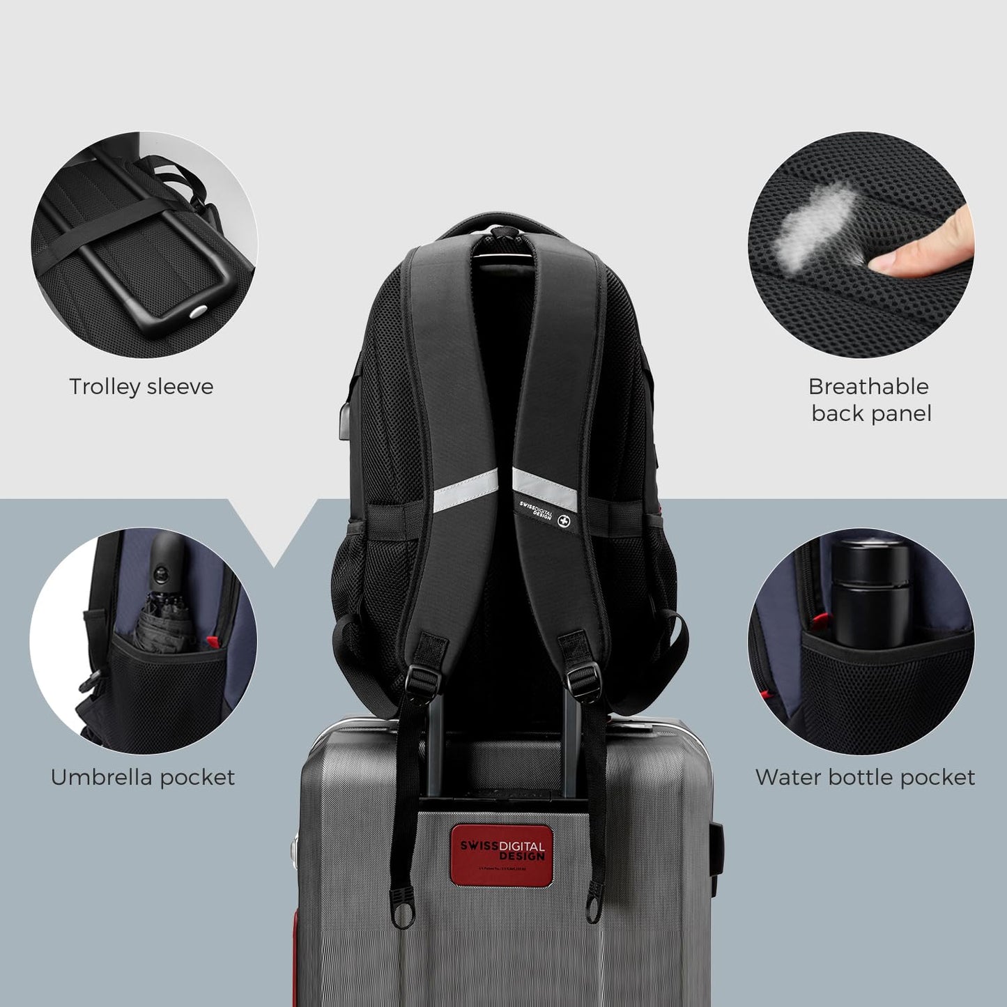Swissdigital Design Large Business Laptop Backpack with Smart USB Charging Port, Travel Backpack Fits 15.6 inches laptops, Water Repellent College Backpack for Men Women (VECTOR SD803-12 Blue/Black)