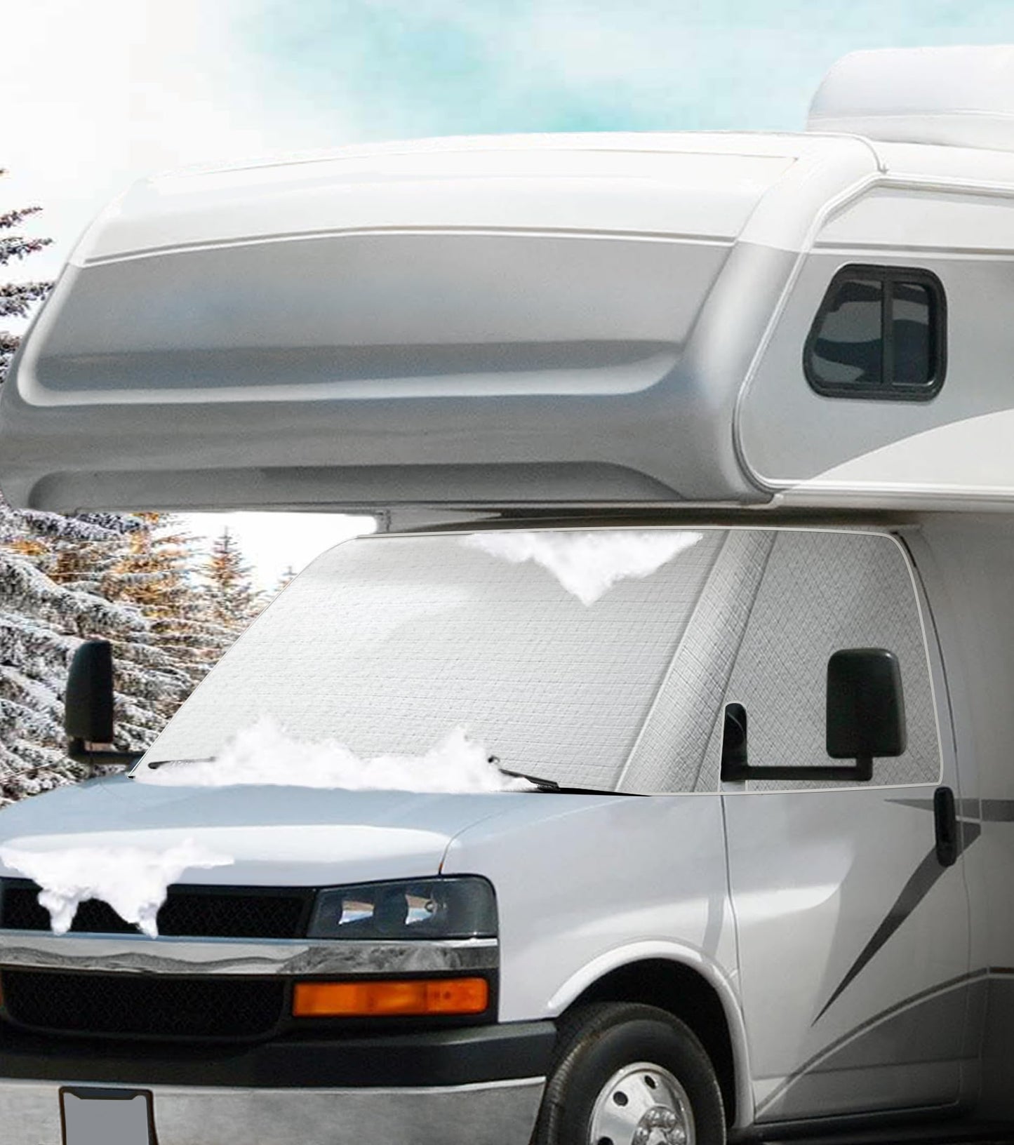 VANNCAMP Oxford Windshield Cover for Chevy Express/GMC Savana Van 2001-2026, Thick Class C Motorhome Front Window Cover, for Ice & Snow, Silver with Mirror Cutouts