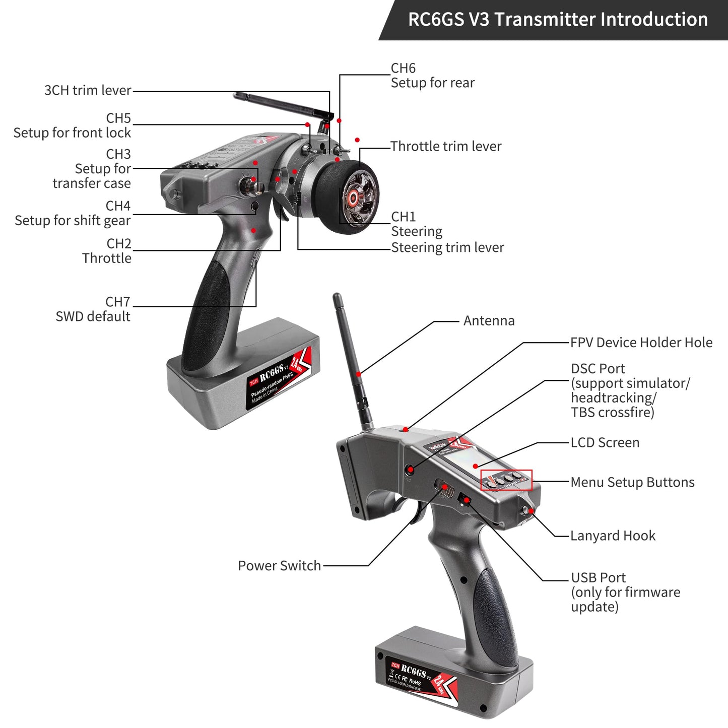 Radiolink RC6GS V3 7 Channels RC Radio Transmitter with R7FG & R6FG Gyro 2Pcs Receivers 2.4GHz 600m for Remote Control Car, Truck, Buggy, Racing Vehicle, Crawler, RC Boat
