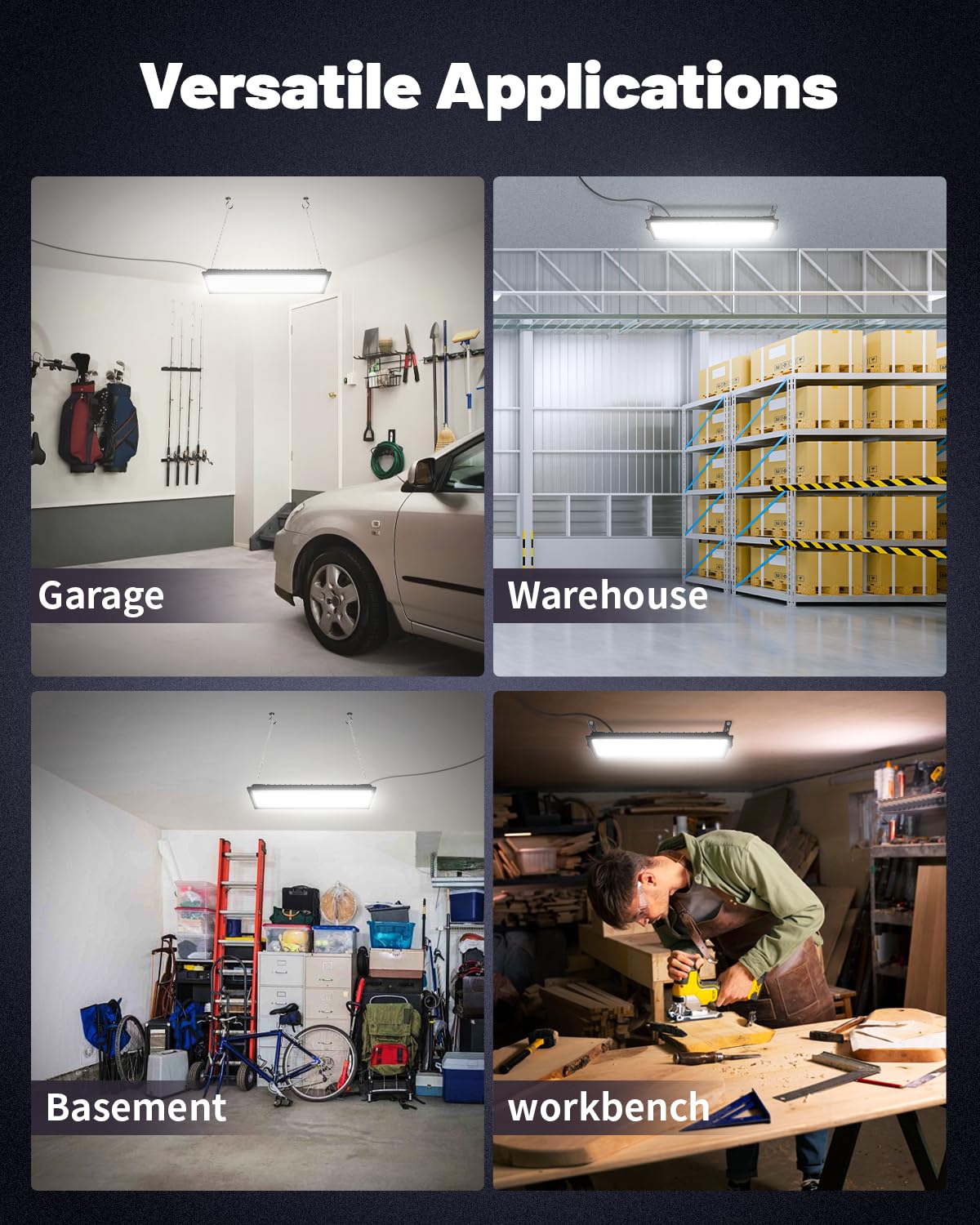 AGranTOP 2 Pack Linkable LED Shop Light (Built-in Outlet) - 100W 15000LM Aluminum Plug in Garage Light w/ 9.84ft Power Cord and On/Off Switch, 6000K Shop Lights for Garage, Workshop