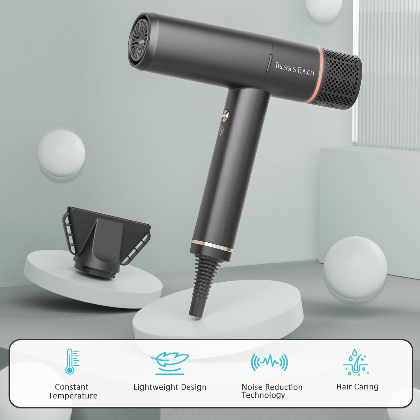 Tresses Touch Hair Blow Dryer 150000 RPM, 200 Million Negative Ionic Blow Professional Hair Dryer with Diffuser, 3 Temps/2 Speeds, 6.56 Ft Cord Fast Drying and Portable for Home Traveling, Black